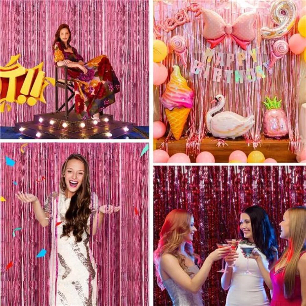Pink Birthday Decorations for Girls 3.3x8.2ft Pink Tinsel Backdrop Foil Fringe